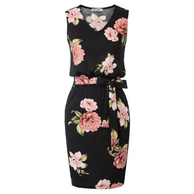 Elastic Dress Hips-wrapped No lining Women's Pencil Sleeveless V-Neck Belt