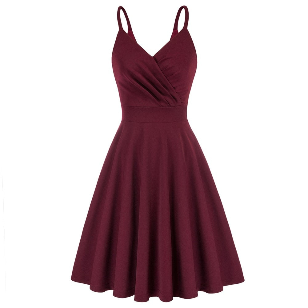 Grace Karin Women V-Neck Cami Dress U-Back Pleated Bodice Flared A-Line Dress Evening Party Formal Business Elegant Dress New