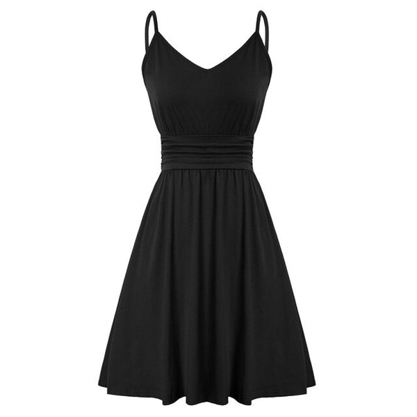 Summer Women Dresses Fashion Short Dress Spaghetti Straps V-Neck Pleated Waist A-Line Sexy Solid Ruched Slim A Line Swing Dress