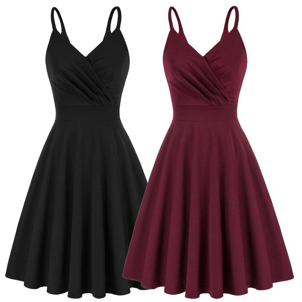 Grace Karin Women V-Neck Cami Dress Summer Sexy U-Back Pleated Bodice Flared A-Line Knee Length Swing Dress Cocktail Party Lady