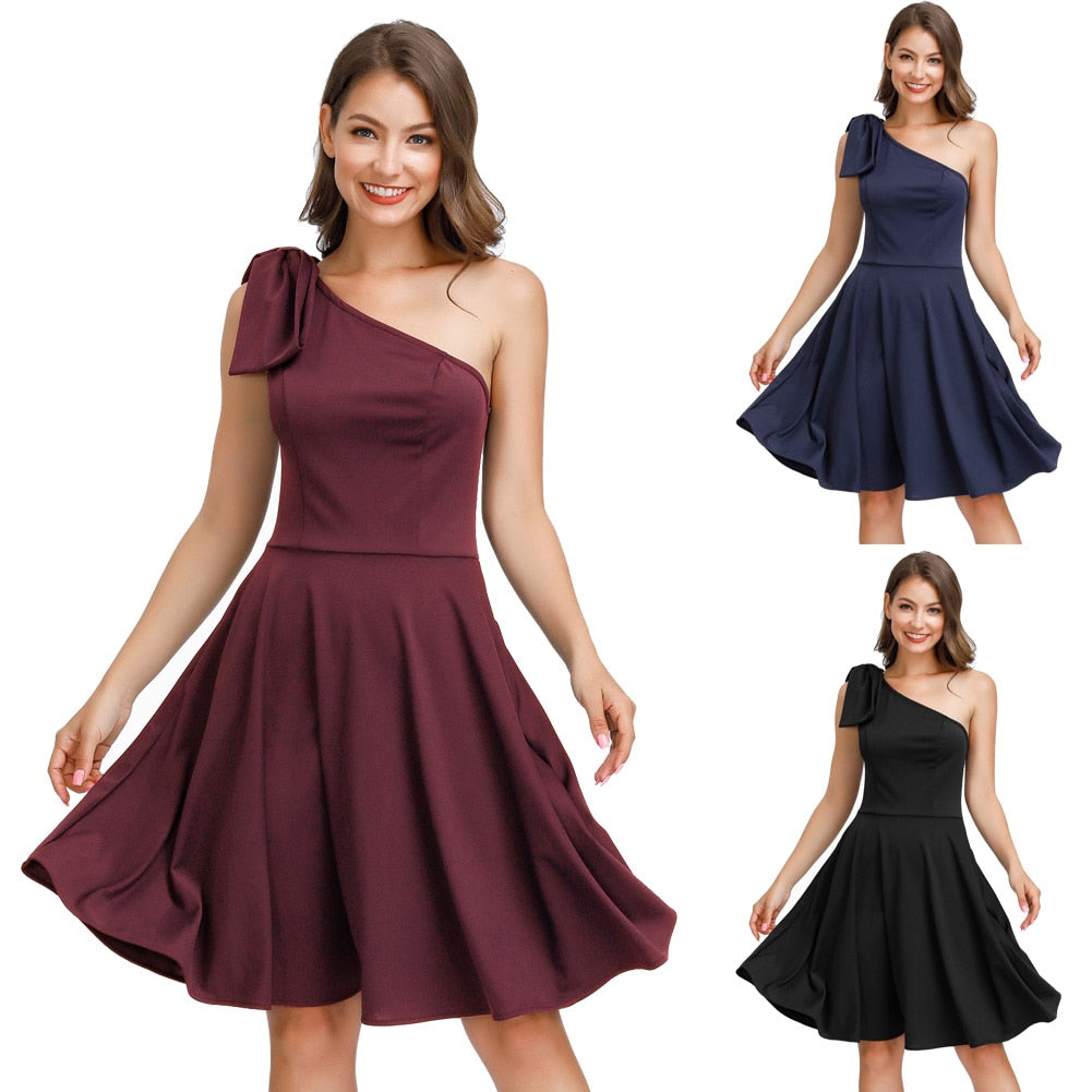 Sexy Women Bow-Knot dress Asymmetric One Shoulder Flared A-Line Dress elegant pure color knee length evening party dresses lady