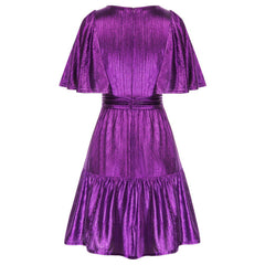 Grace Karin Party Dresses Women Metal-Like Mini Dress Short Sleeve Crew Neck Pleated Waist Ruffles Fashion Classic A-Line Dress