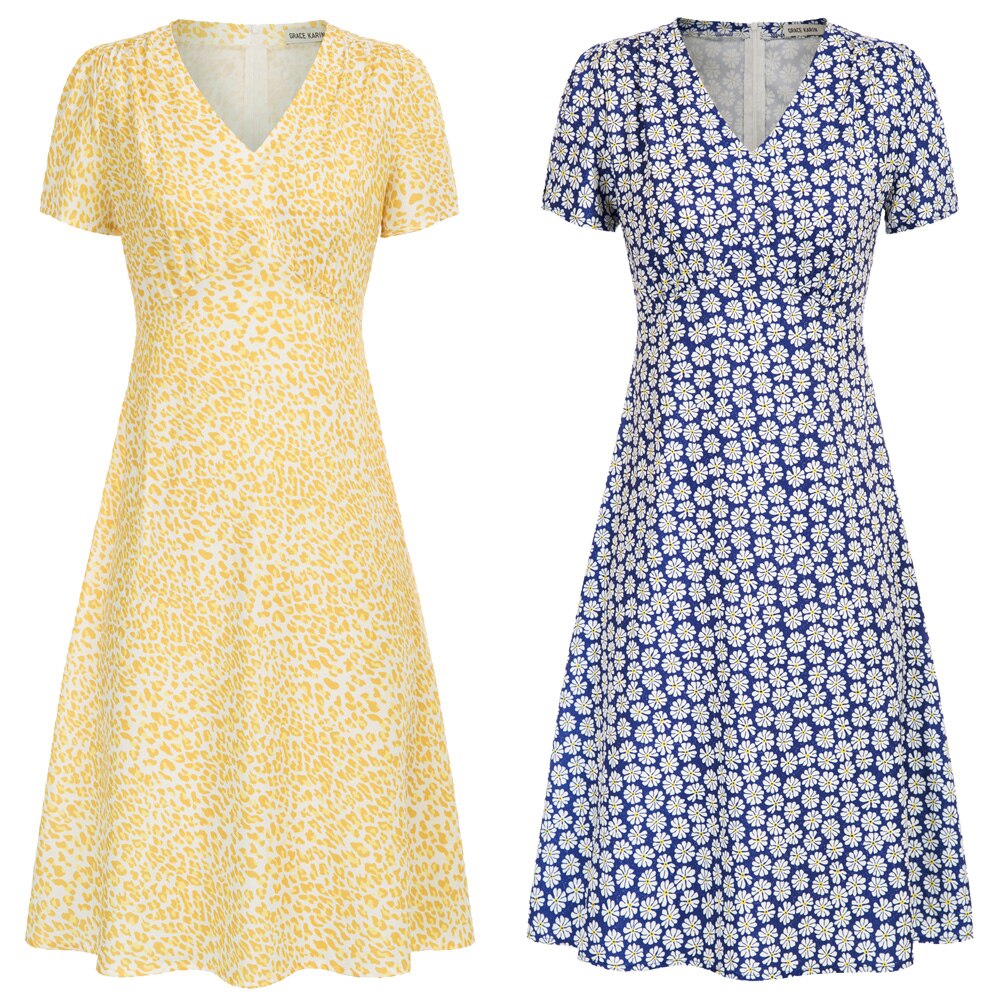 Grace Karin Casual Dresses Summer Women V-Neck Dress Short Sleeve A-Line Leopard/Daisy Pattern Beach Holiday Fashion Floral Lady