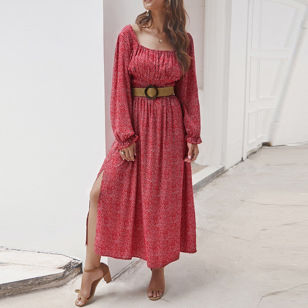 Women Side Split Dress Square Neck Long Sleeve Smock Waist Casual Party Vacation Holiday Boho Swing Print Floral Dresses Fall