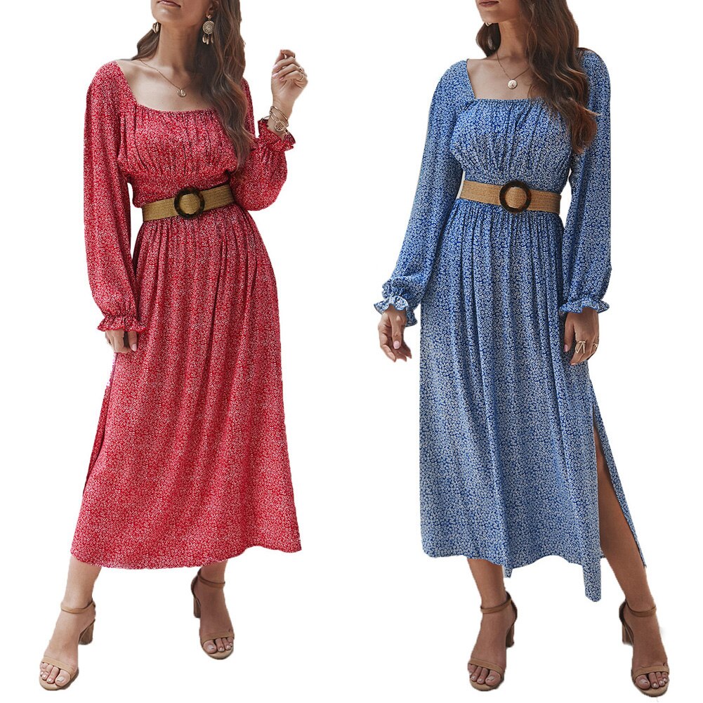 Women Side Split Dress Square Neck Long Sleeve Smock Waist Casual Party Vacation Holiday Boho Swing Print Floral Dresses Fall