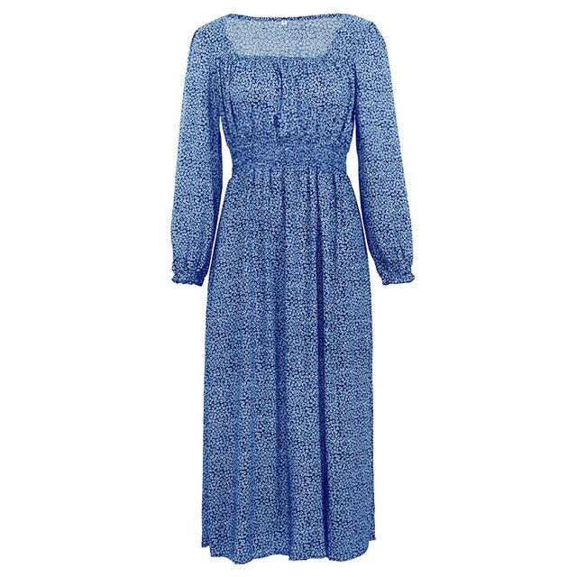 Women Side Split Dress Square Neck Long Sleeve Smock Waist Casual Party Vacation Holiday Boho Swing Print Floral Dresses Fall