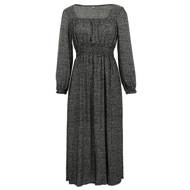 Women Side Split Dress Square Neck Long Sleeve Smock Waist Casual Party Vacation Holiday Boho Swing Print Floral Dresses Fall