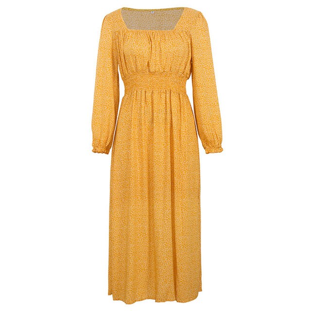 Women Side Split Dress Square Neck Long Sleeve Smock Waist Casual Party Vacation Holiday Boho Swing Print Floral Dresses Fall