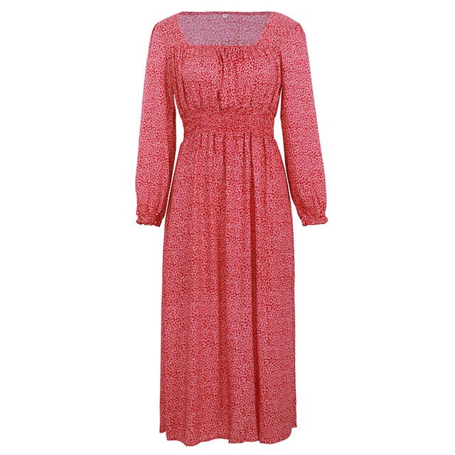 Women Side Split Dress Square Neck Long Sleeve Smock Waist Casual Party Vacation Holiday Boho Swing Print Floral Dresses Fall