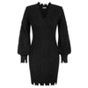 GK Women Cable Knitted Sweater Dress Long Lantern Sleeve V-Neck Distressed S Version Style Knitted Dress Clothing