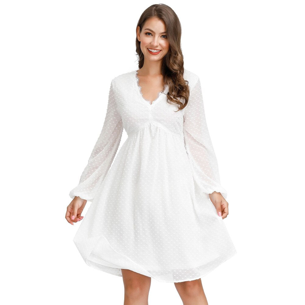 Women's Dresses Fashion V-Neck Empire Waist Swing Dress Long Sleeve Flared A-Line Summer Chiffon Mesh Lady Elegant Dresses New