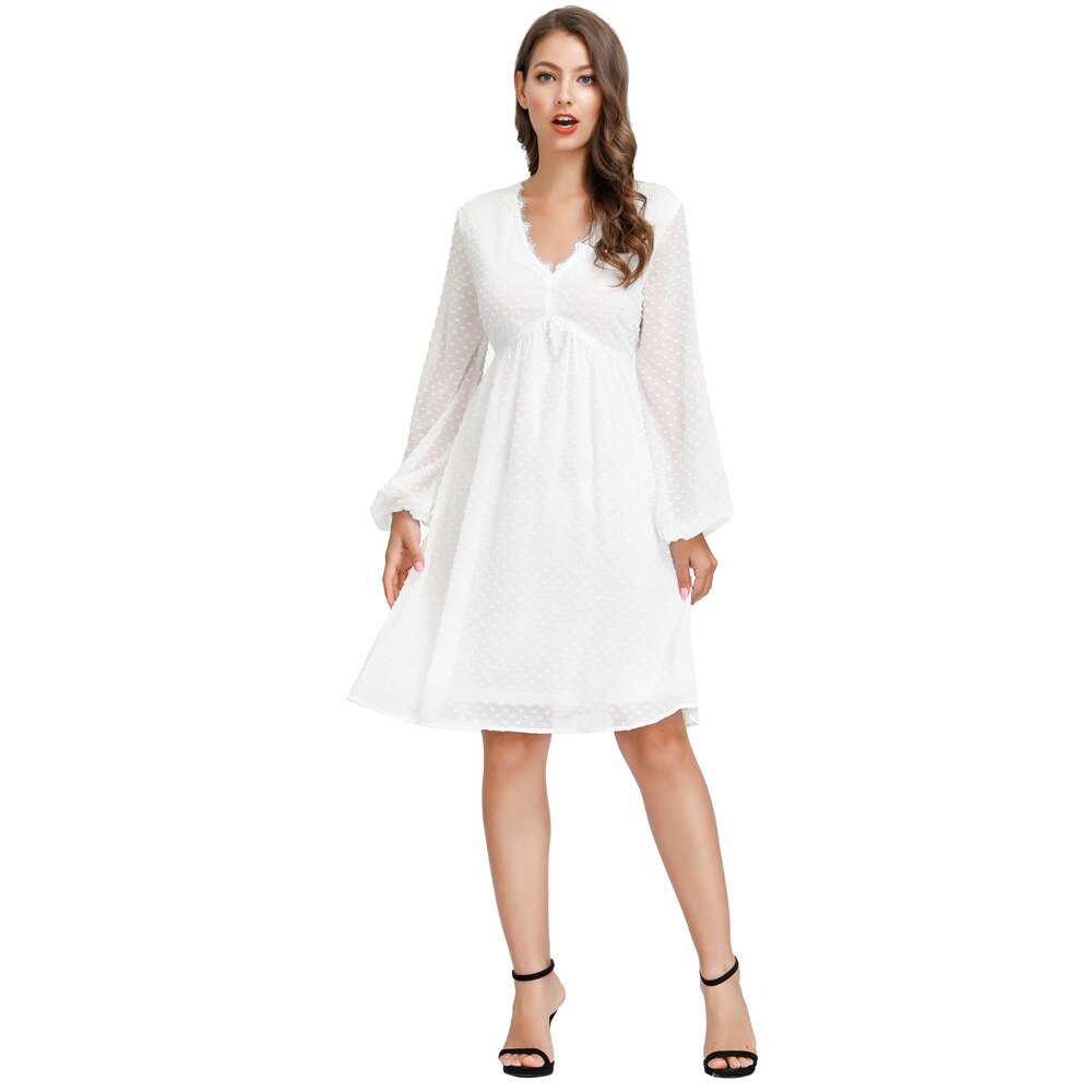 Women's Dresses Fashion V-Neck Empire Waist Swing Dress Long Sleeve Flared A-Line Summer Chiffon Mesh Lady Elegant Dresses New
