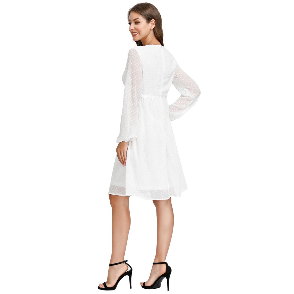 Women's Dresses Fashion V-Neck Empire Waist Swing Dress Long Sleeve Flared A-Line Summer Chiffon Mesh Lady Elegant Dresses New