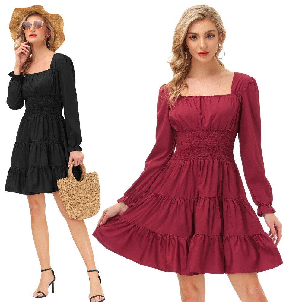 Summer Vintage Dresses Women Cake Dress Smocked Waist Long Sleeve Square Neck Ruffles Pleated A-Line Mini Dress Lady Solid Color