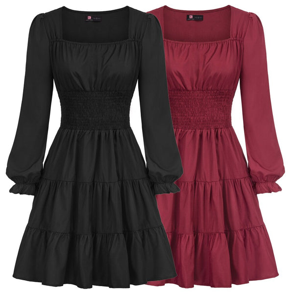Summer Vintage Dresses Women Cake Dress Smocked Waist Long Sleeve Square Neck Ruffles Pleated A-Line Mini Dress Lady Solid Color