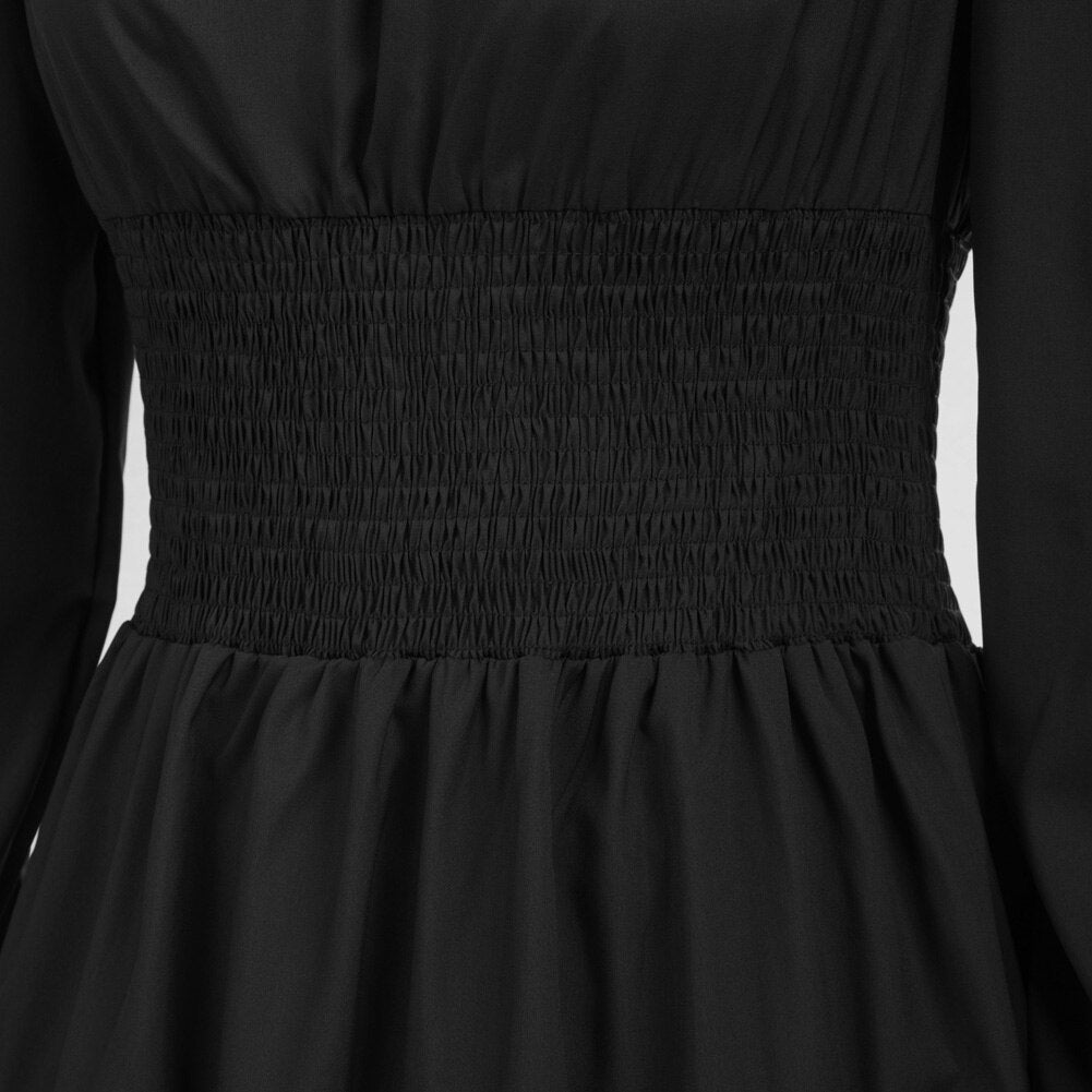 Summer Vintage Dresses Women Cake Dress Smocked Waist Long Sleeve Square Neck Ruffles Pleated A-Line Mini Dress Lady Solid Color