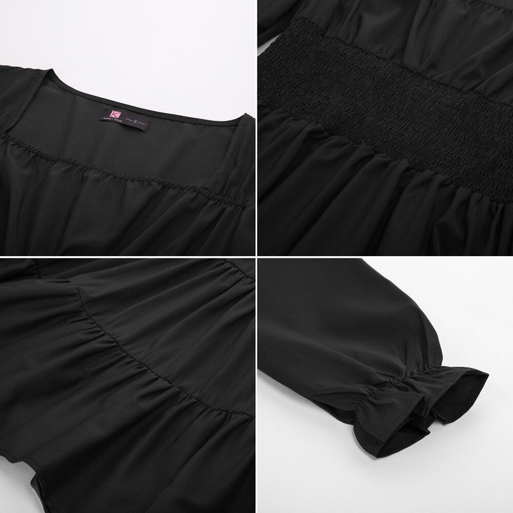 Summer Vintage Dresses Women Cake Dress Smocked Waist Long Sleeve Square Neck Ruffles Pleated A-Line Mini Dress Lady Solid Color