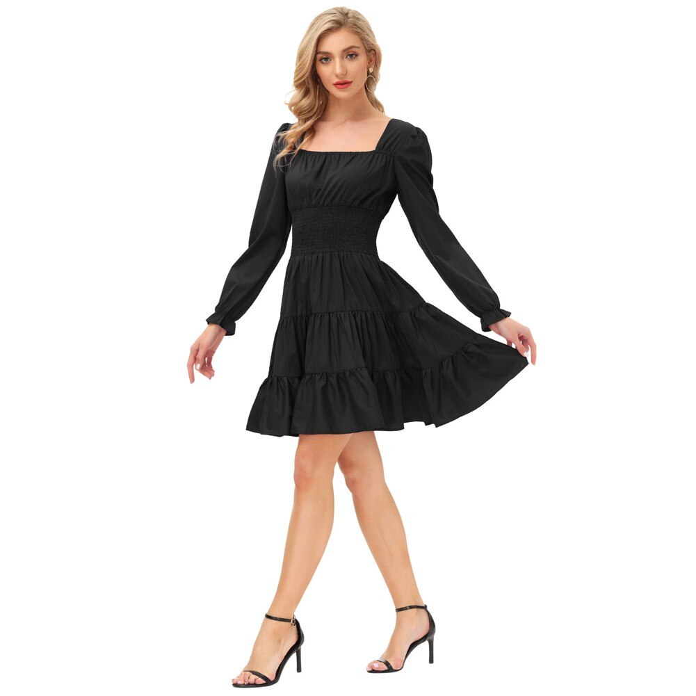 Summer Vintage Dresses Women Cake Dress Smocked Waist Long Sleeve Square Neck Ruffles Pleated A-Line Mini Dress Lady Solid Color