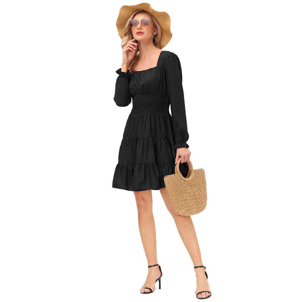 Summer Vintage Dresses Women Cake Dress Smocked Waist Long Sleeve Square Neck Ruffles Pleated A-Line Mini Dress Lady Solid Color