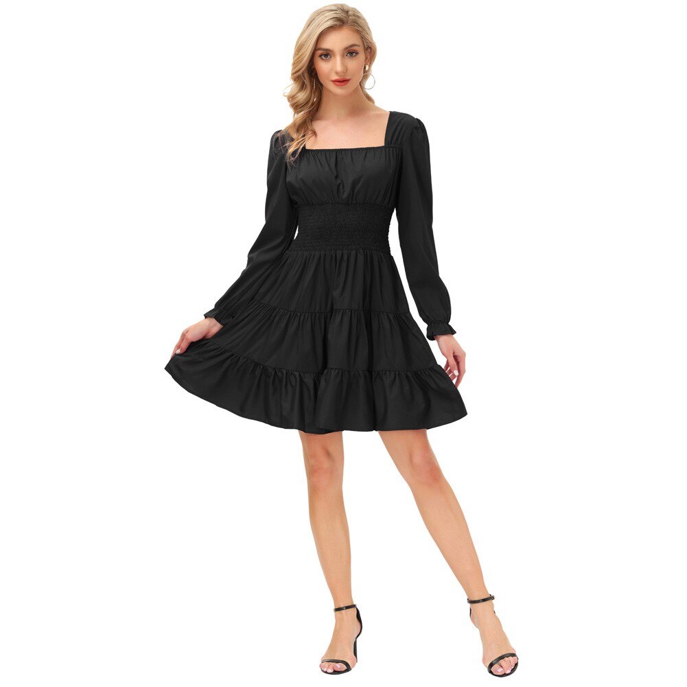 Summer Vintage Dresses Women Cake Dress Smocked Waist Long Sleeve Square Neck Ruffles Pleated A-Line Mini Dress Lady Solid Color