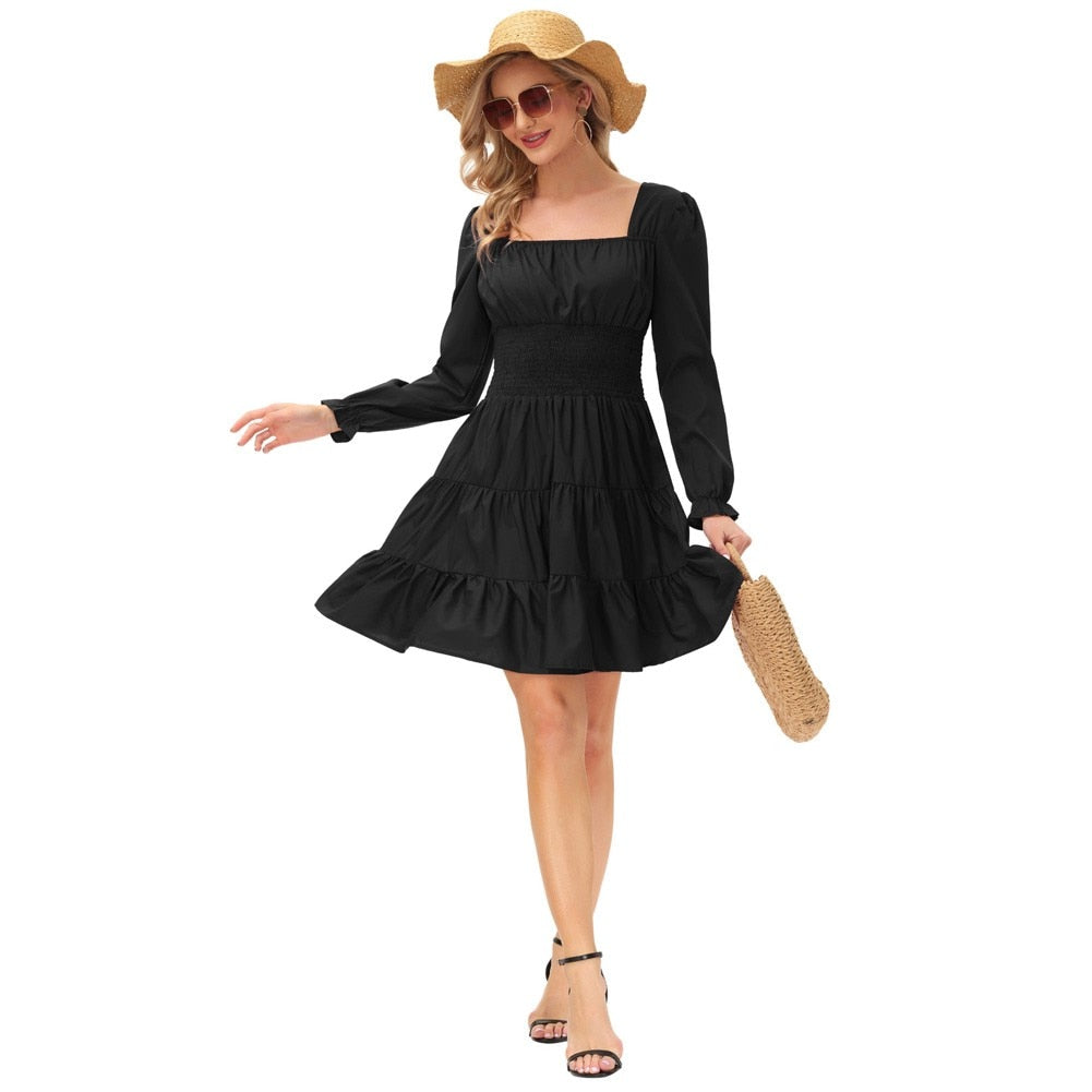 Summer Vintage Dresses Women Cake Dress Smocked Waist Long Sleeve Square Neck Ruffles Pleated A-Line Mini Dress Lady Solid Color