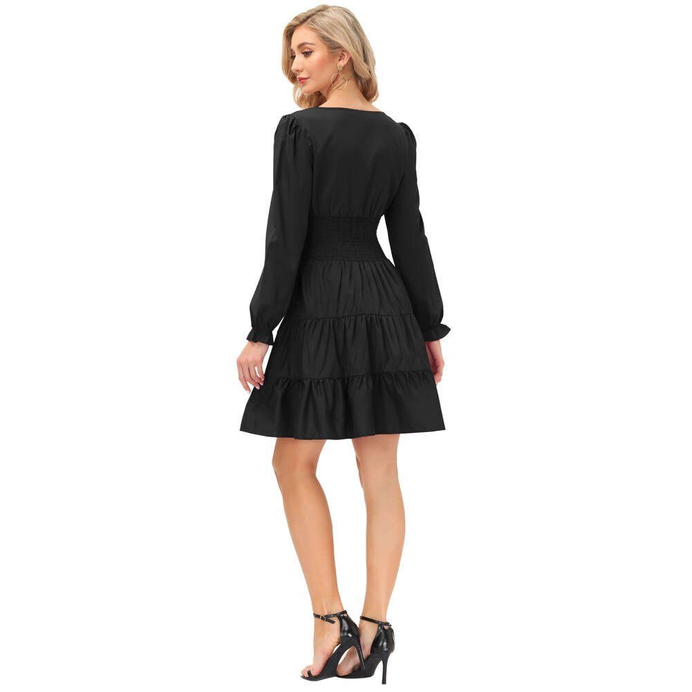 Summer Vintage Dresses Women Cake Dress Smocked Waist Long Sleeve Square Neck Ruffles Pleated A-Line Mini Dress Lady Solid Color