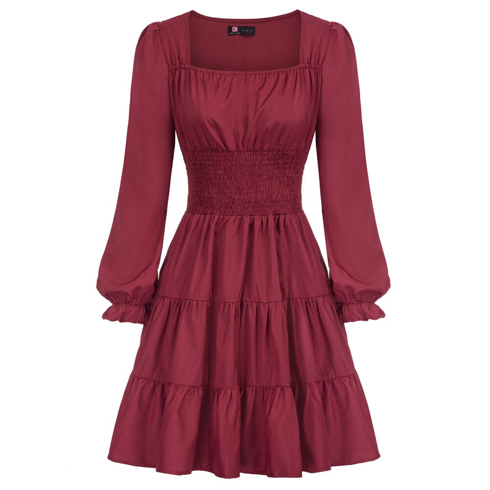 Summer Vintage Dresses Women Cake Dress Smocked Waist Long Sleeve Square Neck Ruffles Pleated A-Line Mini Dress Lady Solid Color