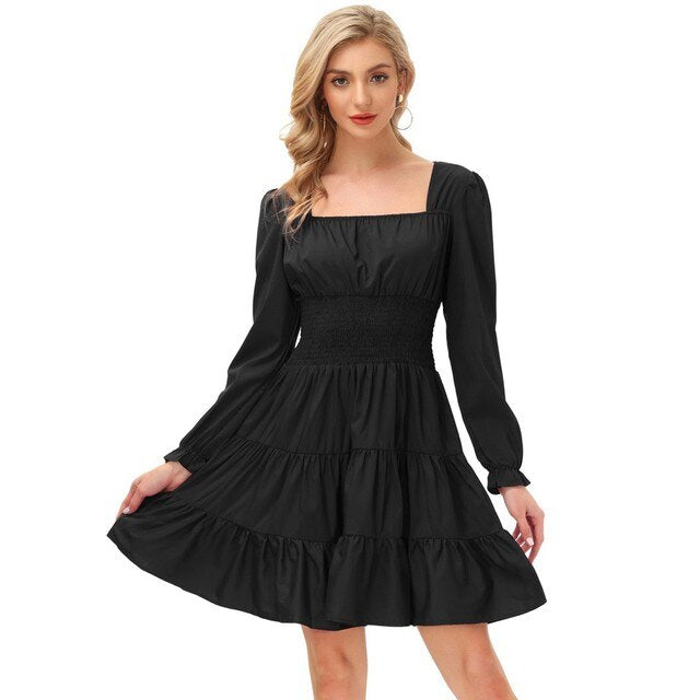 Summer Vintage Dresses Women Cake Dress Smocked Waist Long Sleeve Square Neck Ruffles Pleated A-Line Mini Dress Lady Solid Color
