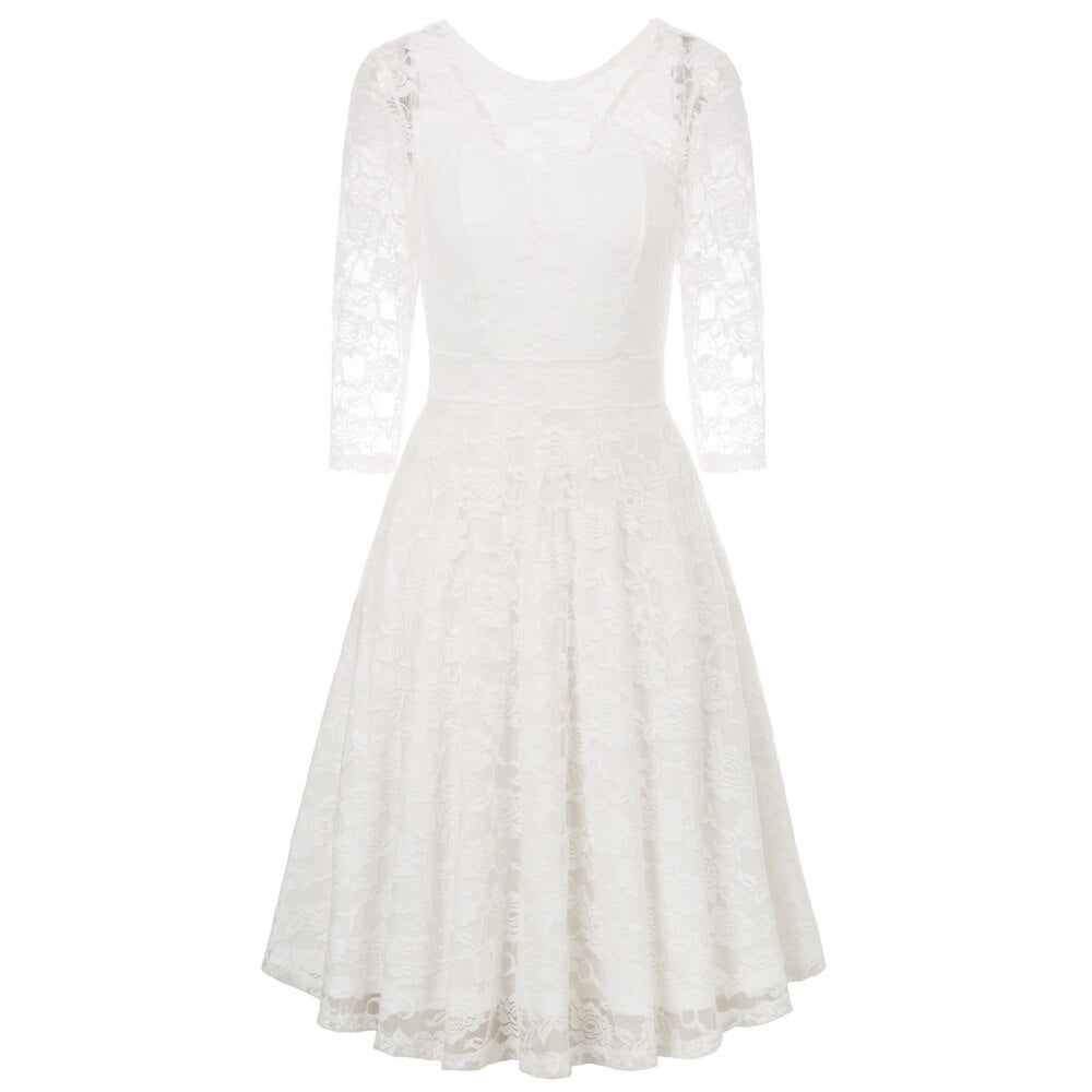 Summer Women's Dresses Floral Lace Dress Sexy 3/4 Sleeve Crew Neck V-Back A-Line Dresses Solid Elegant Retro Knee Length Female