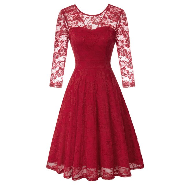 Summer Women's Dresses Floral Lace Dress Sexy 3/4 Sleeve Crew Neck V-Back A-Line Dresses Solid Elegant Retro Knee Length Female