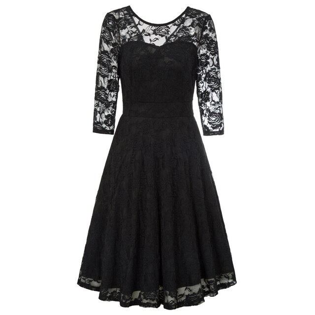 Summer Women's Dresses Floral Lace Dress Sexy 3/4 Sleeve Crew Neck V-Back A-Line Dresses Solid Elegant Retro Knee Length Female