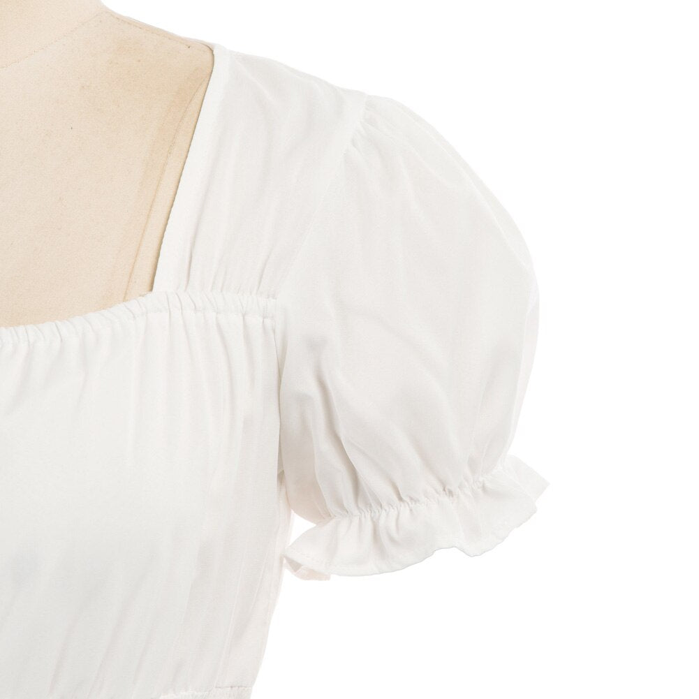 Summer Short Dresses Women Cake Dress Smocked Waist Short Sleeve Square Neck A-Line Solid Color Fashion Slim Waist Clothes New