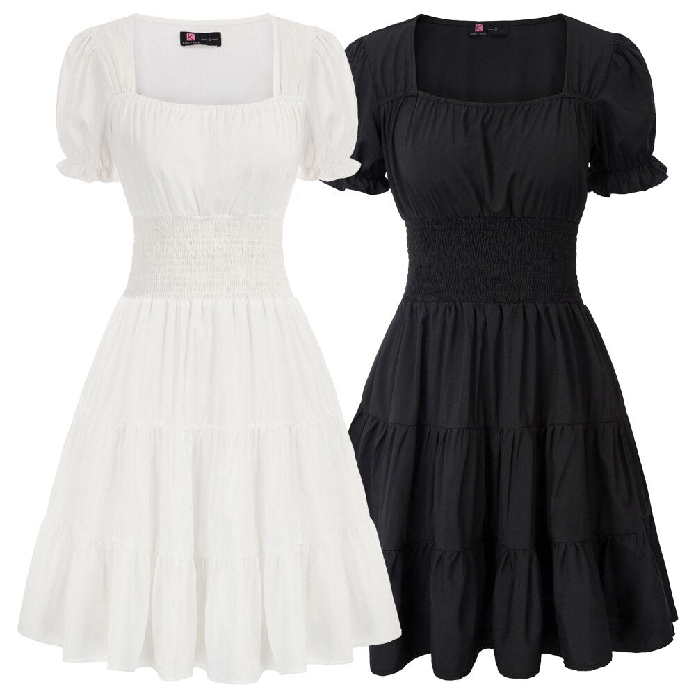 Summer Short Dresses Women Cake Dress Smocked Waist Short Sleeve Square Neck A-Line Solid Color Fashion Slim Waist Clothes New