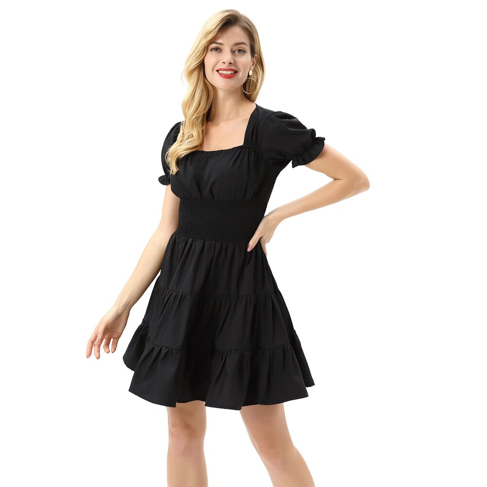 Summer Short Dresses Women Cake Dress Smocked Waist Short Sleeve Square Neck A-Line Solid Color Fashion Slim Waist Clothes New