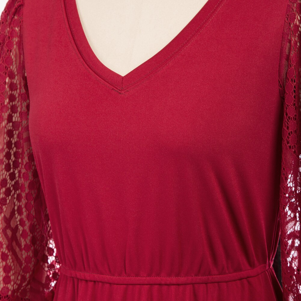 Women Burn-out Hem Dress 1/2 Lantern Sleeve V-Neck Elastic Waist A-Line Dress Half Length Lace Lantern     Sleeves
