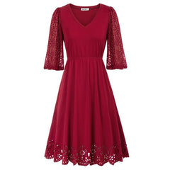 Women Burn-out Hem Dress 1/2 Lantern Sleeve V-Neck Elastic Waist A-Line Dress Half Length Lace Lantern     Sleeves