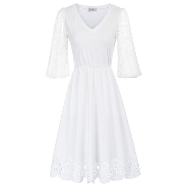 Women Burn-out Hem Dress 1/2 Lantern Sleeve V-Neck Elastic Waist A-Line Dress Half Length Lace Lantern     Sleeves