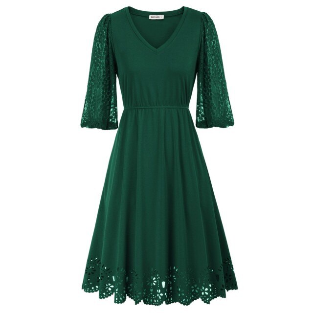 Women Burn-out Hem Dress 1/2 Lantern Sleeve V-Neck Elastic Waist A-Line Dress Half Length Lace Lantern     Sleeves