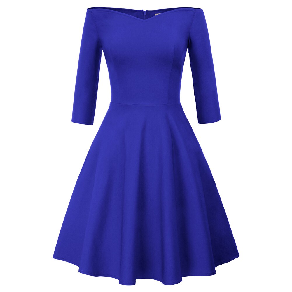 GK Retro Solid Color 3/4 Sleeve Off Shoulder V-Neck Stretchy Swing Dress Three-quarter Sleeves Off-shoulder V-neck Nylon Cotton
