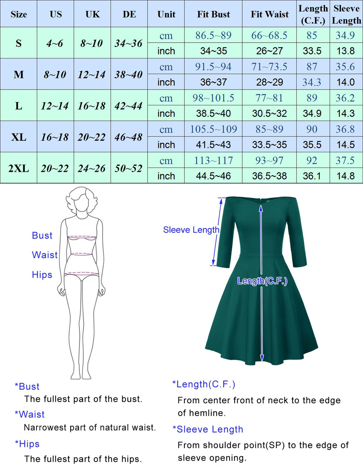 GK Retro Solid Color 3/4 Sleeve Off Shoulder V-Neck Stretchy Swing Dress Three-quarter Sleeves Off-shoulder V-neck Nylon Cotton