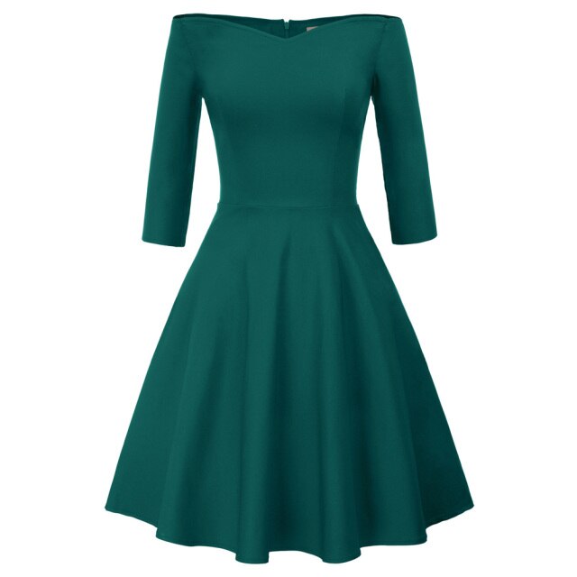 GK Retro Solid Color 3/4 Sleeve Off Shoulder V-Neck Stretchy Swing Dress Three-quarter Sleeves Off-shoulder V-neck Nylon Cotton