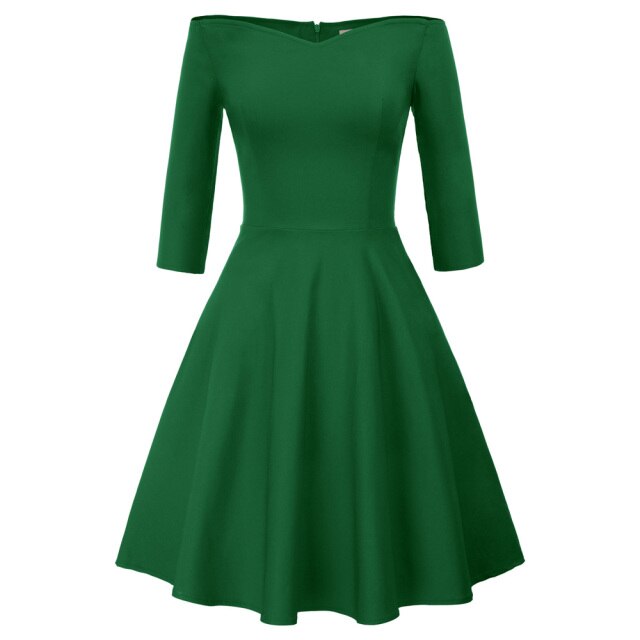 GK Retro Solid Color 3/4 Sleeve Off Shoulder V-Neck Stretchy Swing Dress Three-quarter Sleeves Off-shoulder V-neck Nylon Cotton