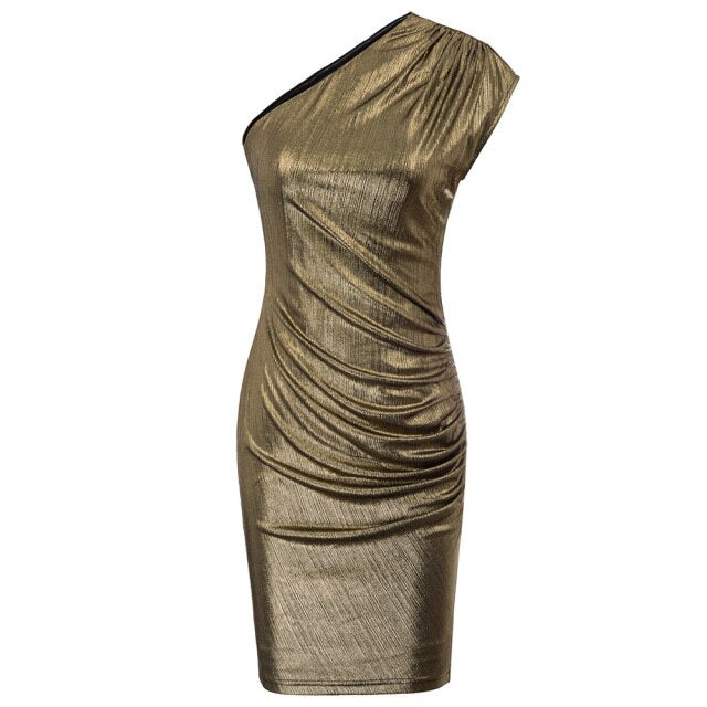 Women's Sleeveless Asymmetric One Shoulder Hips-Wrapped Bodycon Pencil Dress Neckline With Anti-slip Silicon