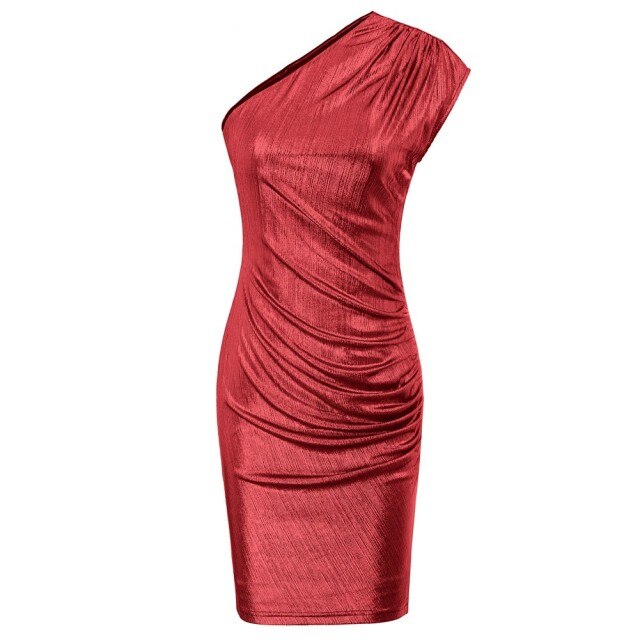 Women's Sleeveless Asymmetric One Shoulder Hips-Wrapped Bodycon Pencil Dress Neckline With Anti-slip Silicon
