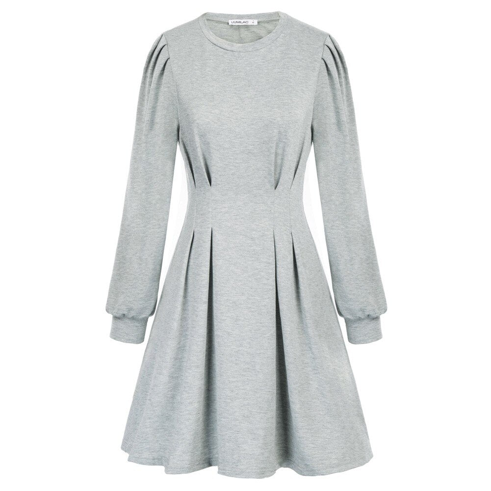 Women Fashion Crew Neck Midi Dress Pleated Solid Color Casual Long Sleeve Female Pull-on A-Line Dresses