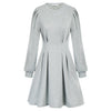 Women Fashion Crew Neck Midi Dress Pleated Solid Color Casual Long Sleeve Female Pull-on A-Line Dresses