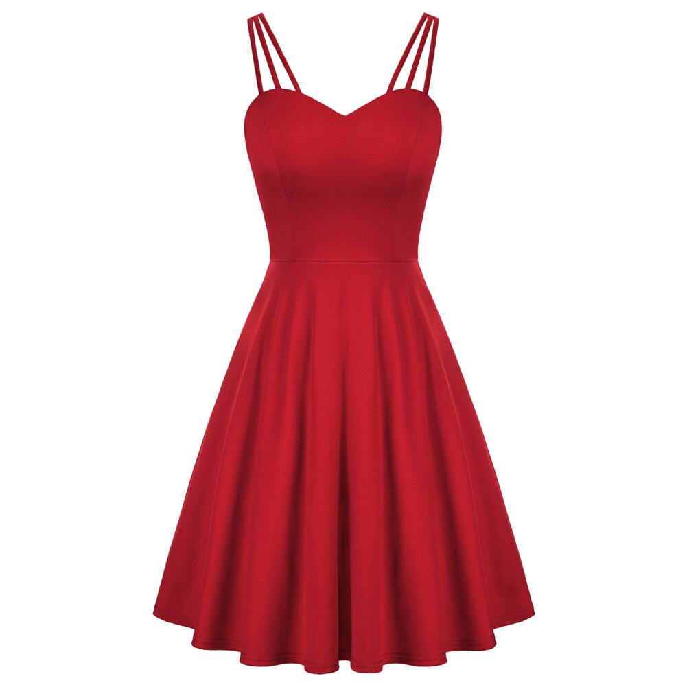 Women Triple-Strap Dress Sexy Elegant Pure Color Backless V-neck Flared A-Line Swing Dress Party Evening Retro Lady