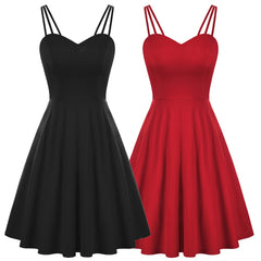 Women Triple-Strap Dress Sexy Elegant Pure Color Backless V-neck Flared A-Line Swing Dress Party Evening Retro Lady