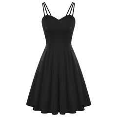 Women Triple-Strap Dress Sexy Elegant Pure Color Backless V-neck Flared A-Line Swing Dress Party Evening Retro Lady