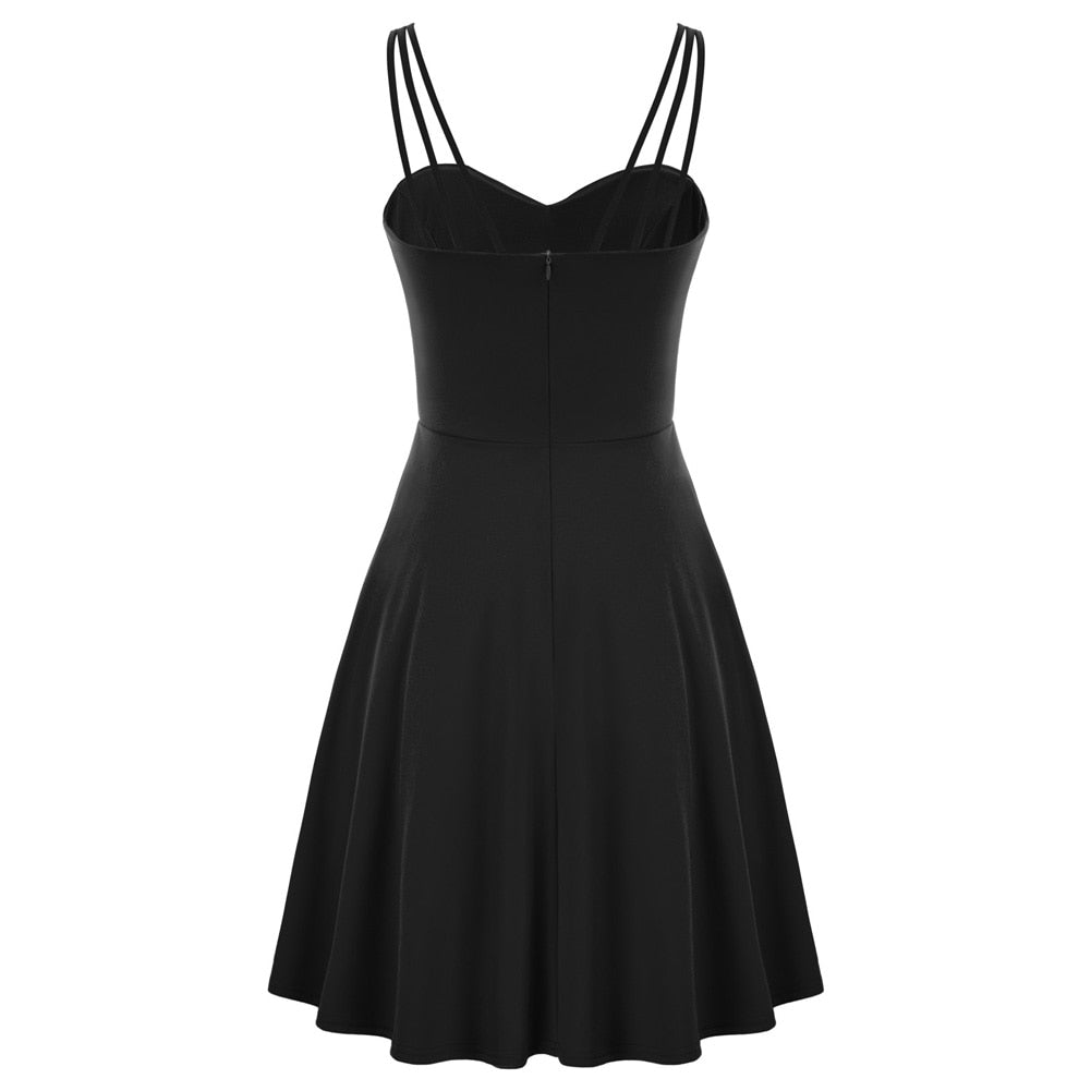 Women Triple-Strap Dress Sexy Elegant Pure Color Backless V-neck Flared A-Line Swing Dress Party Evening Retro Lady